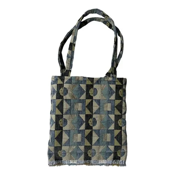 Handmade Tote Bag Tapestry Carpet Fringe Blue Green Gray Beige Books Purse - Picture 2 of 8